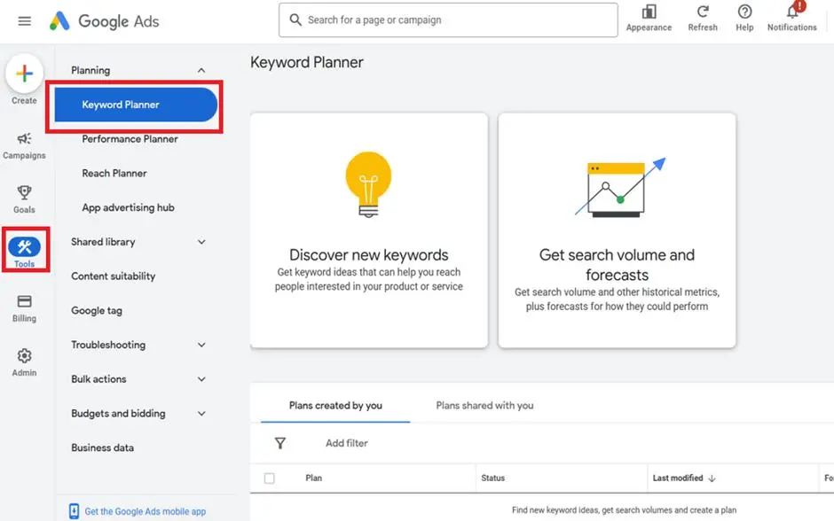 Accessing Keyword Planner within Google Ads 