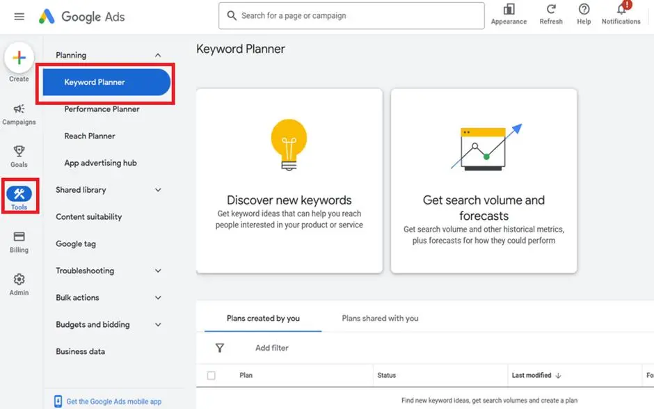 Accessing Keyword Planner within Google Ads